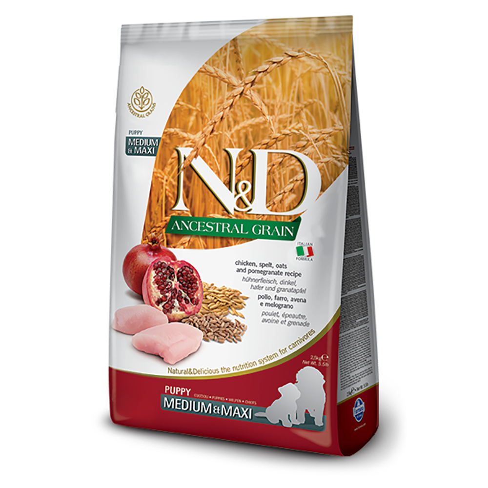 Farmina N&D Ancestral Grain Puppy Medium & Maxi Chicken Spelt Oats and Pomegranate